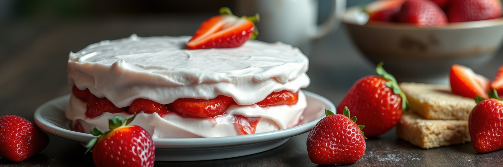 Delicious strawberry dessert with whipped cream and layers on a plate in a cozy kitchen setting